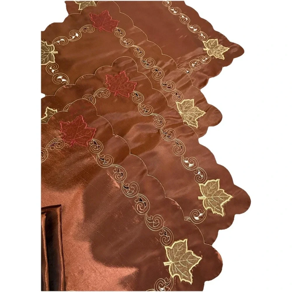 Vtg Bronze Cutwork Fall Leaf Placemats & Napkins w Scalloped Edges Silky Elegant